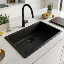 Zwarte grote spoelbak 70x40cm onderbouw en opbouw met zwart plug 1208956401